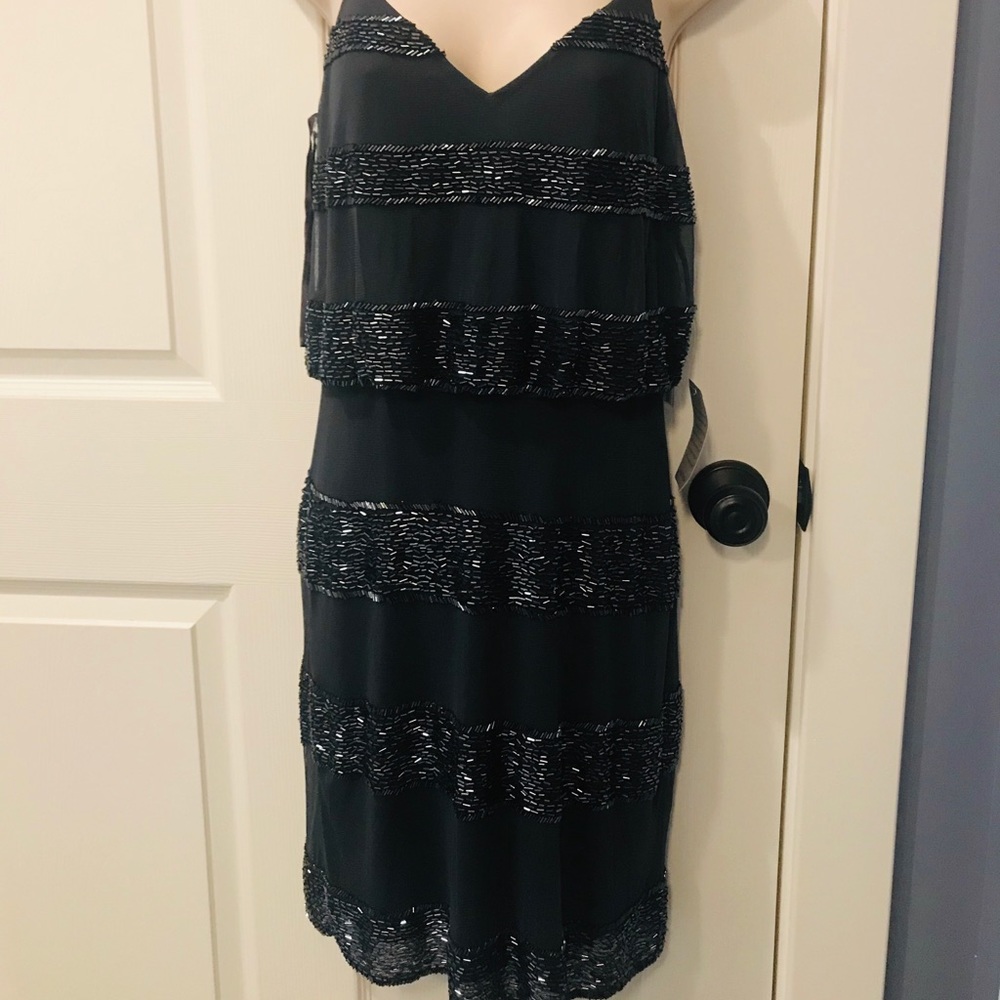 Adrianna Papell Black Beaded Tiered Slip Dress